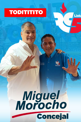 Miguel Morocho durante la campaña de las seccionales de 2023 junto a Rafael Correa.