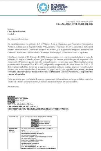 Documento que recibió Emelec de parte del Municipio de Guayaquil.