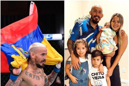 A la izquierda el peleador durante la cartelera UFC 252 y a la derecha luego del combate celebrando con su esposa y tres hijos.