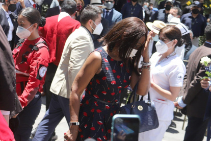 Situación. La ministra Mae Montaño acudió a un evento organizado por el Gobierno aunque se la vio distante.