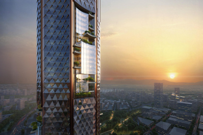 La torre Nanjing Nexus, de 350 metros, tendrá la forma de un octógono con algunas partes recortadas. Sus ocho fachadas acristaladas serán cóncavas y brillarán con la luz natural. En la estructura diseñada por Büro Ole Scheeren (BOS) se intercalarán jardines verticales y terrazas salientes de estilo chino clásico.