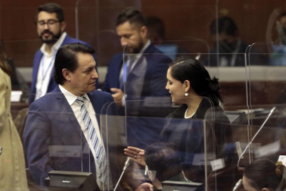 Situación. Pazmiño, quien propuso la resolución e insinuó un juicio político, dialoga con Fernando Villavicencio.