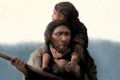 Representación de un padre neandertal y su hija. Imagen facilitada por el Instituto Max Planck de Antropología Evolutiva.