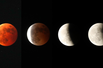 A composite image shows a total lunar eclipse, in which the moon is completely covered by the Earth"s shadow, seen from the southwestern city of Gwangju, South Korea, 08 November 2022. (Corea del Sur)