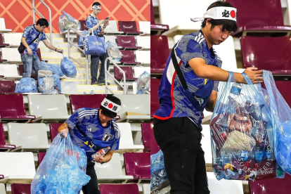 Hinchas japoneses limpiando el estadio después del partido.
