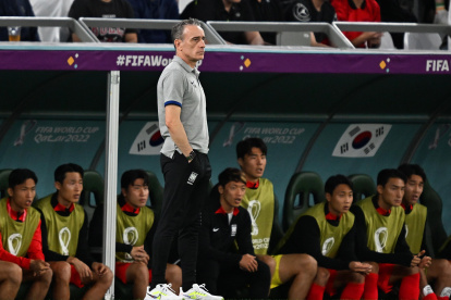 South Korea"s head coach Paulo Bento reacts during the FIFA World Cup 2022 group H soccer match between South Korea and Ghana at Education City Stadium in Doha,