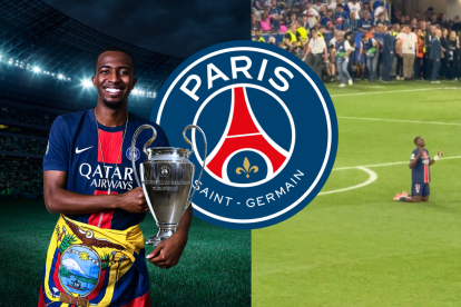 Willian Pacho celebra su triunfo en la Champions League.