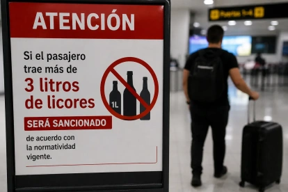 Una foto creada por IA sobre el límite de licores que puede traer un viajero que ingrese a Ecuador.