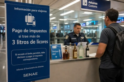 Una foto creada por IA para representar que los viajeros tienen que pagar impuesto si trae más de 3 litros de licores.