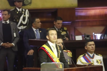 El presidente Daniel Noboa dando el informe a Ecuador de su mandato.