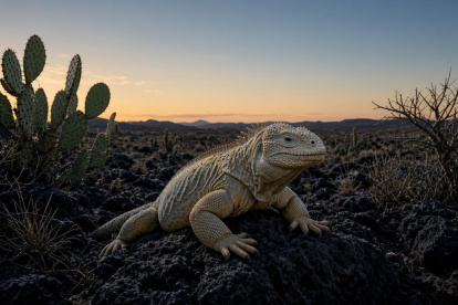 Ilustración referencial de la iguana terrestre adulta (Conolophus pallidus).
