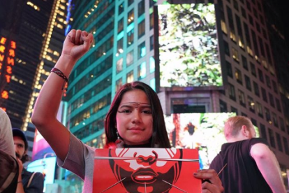 Helena Gualinga durante una manifestación realizada en septiembre en la ciudad de Nueva York, donde exigían a los gobiernos acciones para combatir el cambio climático