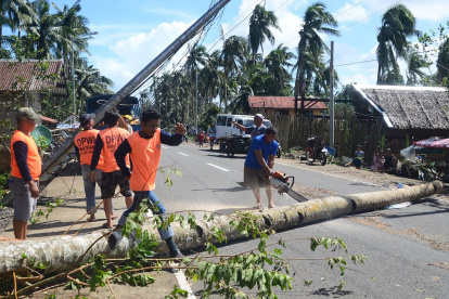Trabajadores retiran un árbol caído y un pilón eléctrico (L) destruido a la altura del tifón Phanfone en la ciudad de Salcedo, provincia de Samar Oriental, este 26 de diciembre.