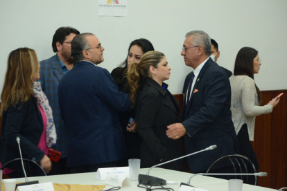 La asambleísta Pinuccia Colamarco (c) saluda con el interpelante Fernado Flores