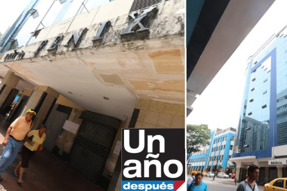 ANTES Y DESPUÉS. A la izquierda, el edificio Fénix del centro de Guayaquil en 2019 aún deteriorado tras el terremoto del 2016. A la derecha, el mismo edificio ya rehabilitado en 2020.