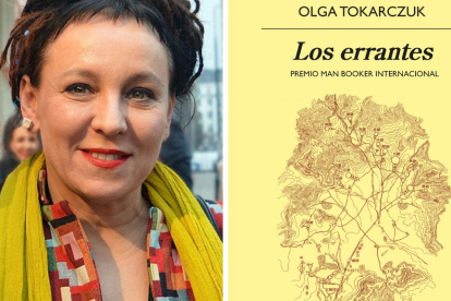 Olga Tokarczuk y la portada de la versión en español de su libro "Los errantes.