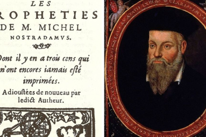 Imagen del libro de Nostradamus y un retrato del ocultista francés.