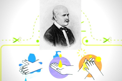 Semmelweis, en un retrato de su época, y parte del doodle que le dedicó Google.