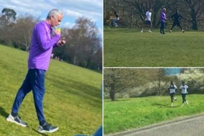 El técnico José Moruinho y los jugadores Tanguy Ndombele, Ryan Sessegnon y Davinson Sánchez fueron captados entrenando en un parque de Londres.