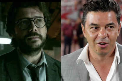 Marcelo Gallardo (d), técnico de River Plate, y Álvaro Morte, que personifica al Profesor en La Casa de Papel.