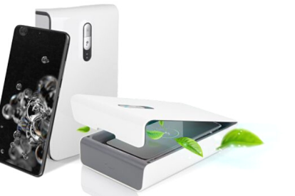 ¿Cómo funciona? Se introduce el teléfono en la máquina, se cierra la tapa y se activa el botón de saneamiento.