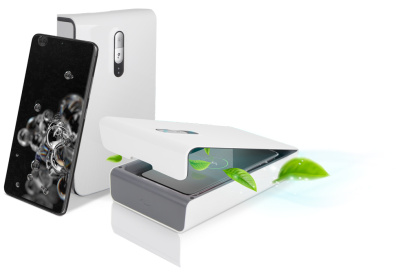 ¿Cómo funciona? Se introduce el teléfono en la máquina, se cierra la tapa y se activa el botón de saneamiento.