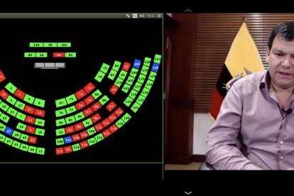 El presidente de la Asamblea, César Litardo, durante la aprobación del proyecto de ley, la noche del 15 de mayo de 2020.