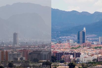 Combo de dos fotografías que refleja el nivel de contaminación ambiental en la ciudad de Murcia, la imagen de la izquierda fue tomada el pasado 29 de febrero y la de la derecha este jueves, cuadragésimo día de estado de alarma decretado por el gobierno para frenar la pandemia del CovID 19. EFE/Marcial Guillén