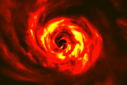 Este es el disco alrededor de la joven estrella AB Aurigae. Se puede ver el ‘giro" (en amarillo muy brillante) que marca el lugar donde se puede estar formando un planeta.