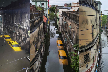 CALCUTA. La imagen muestra tres momentos de las incidencias del ciclón en una calle de esta capital asiática.