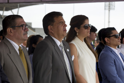 Autoridades. Andrea Sotomayor (i), principal de la Secretaría del Deporte, y Augusto Morán, titular del Comité Olímpico Ecuatoriano (COE).