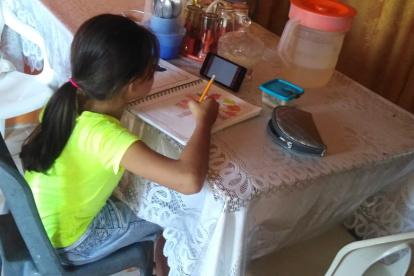 En un sector rural del cantón Palenque, Carmen, de 17 años, se conecta a clases a través del teléfono de sus padres.