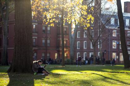 Una estudiante lee bajo un árbol en el campus de la universidad de Harvard en Cambridge.