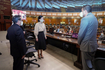 La posesión de la vicepresidenta María Alejandra Muñoz se cumplió sin la presencia de los asambleístas, quienes fueron convocados a una sesión virtual. En el plenario solo estuvieron los dos vicepresidentes, César Solórzano y Patricio Donoso, algunos ministros de Estado y los familiares.