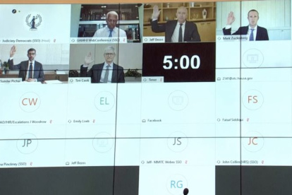 WASHINGTON. Mark Zuckerberg (Facebook), Sundar Pichai (Google), Tim Cook (Apple) y Jeff Bezos (Amazon), asisten desde hoy a una audiencia virtual ante el Congreso de EE. UU.