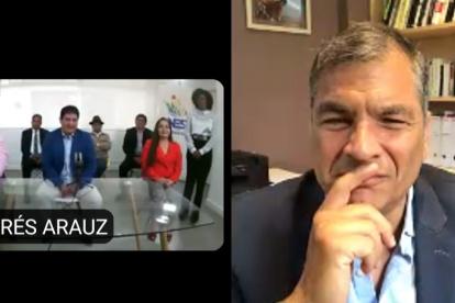 Rafael Correa observó y participó de la transmisión de la presentación del binomio.