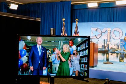 MILWAUKEE, WISCONSIN - AUGUST 18: Democratic presidential candidate Joe Biden and wife Dr. Jill Biden are seen in a video feed from Delaware after winning the votes to become the nominee on the second night of the 2020 Democratic National Convention at the Wisconsin Center on August 18, 2020 in Milwaukee, Wisconsin. The convention, which was once expected to draw 50,000 people to Milwaukee, Wisconsin, is now taking place virtually due to the coronavirus pandemic.   Gabriela Bhaskar-Pool/Getty Images/AFP