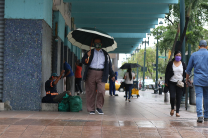 Avenida 9 de octubre. Las personas caminan con mascarillas.