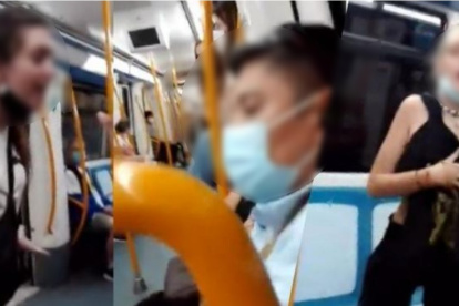 Escenas del video en el que se registró el acto racista contra tres personas en el Metro de Madrid, España.