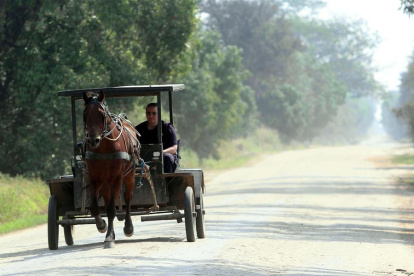 Un familia menonita circula en un carruaje, en la comunidad Villa Nueva, Santa Cruz (Bolivia).