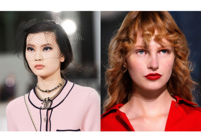 Ojos con sombras ahumadas y labios rojos.