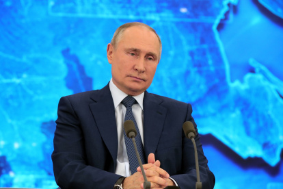 El presidente de Rusia, Vladímir Putin, en su tradicional rueda de prensa anual, que este año ha sido telemática por la pandemia de coronavirus.