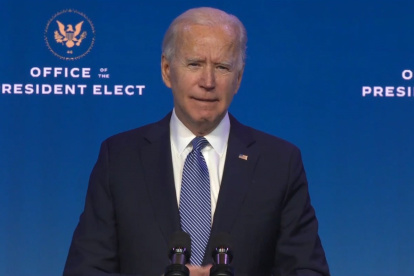 Wilmington (United States), 07/01/2021.- A frame grab from a handout video released by the Office of the President Elect shows US President-Elect Joseph R. Biden speaking during a press conference in Wilmington, Delaware, USA, 07 January 2021. US President-Elect Joseph R. Biden announced his cabinet picks for the Department of Justice. (Elecciones, Estados Unidos) EFE/EPA/OFFICE OF THE PRESIDENT ELECT / HANDOUT HANDOUT EDITORIAL USE ONLY/NO SALES