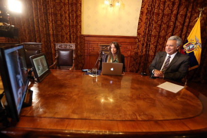 Encuentro. Durante la firma del convenio, el presidente Lenín Moreno estuvo presente de manera virtual.