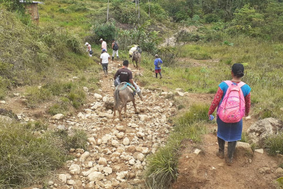 Por falta de carreteras, los habitantes de la comunidad se movilizaron por vías empedradas internas.