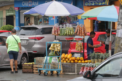 Los parqueaderos están ocupados por vendedores de frutas y legumbres. A las personas con dificultades para caminar, les resulta imposible transitar.