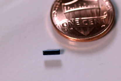 Fotografía cedida por Bionaut Labs donde se muestra a escala con una moneda de un centavo de dólar un microrobot.