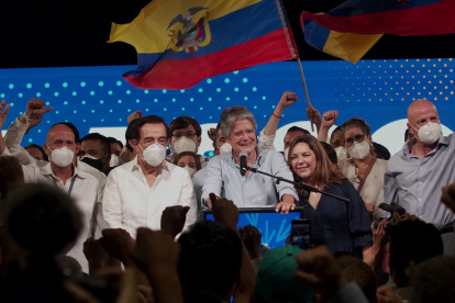 El candidato de CREO - PSC celebró ayer los resultados en el Centro de Convenciones de Guayaquil.