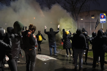 Protesters gather outside outside the Brooklyn Center Police Department, in response to a fatal officer involved shooting; in Brooklyn Center, Minnesota, USA, 12 April 2021. A Brooklyn Center police officer identified as Kim Potter fatally shot 20-year-old Daunte Wright during a traffic stop on the afternoon of 11 April 2021.
