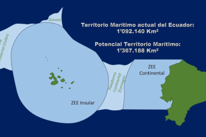 Mapa de las Zonas Económicas Exclusivas ecuatorianas y plataformas continentales expuestas en Convemar